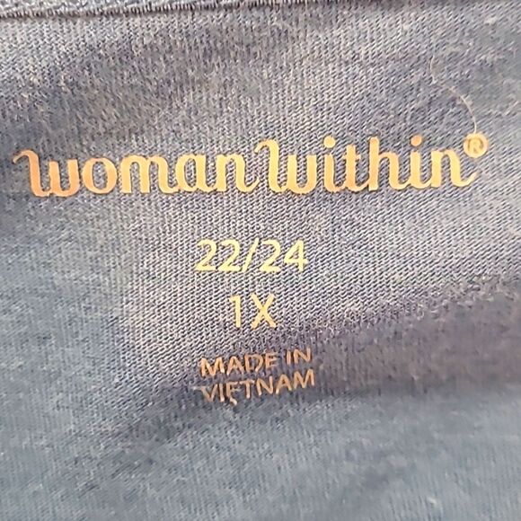 Woman Within Blue Tunic Top,  2" White Embroidered Band on 3/4 Sleeves, Size 1X - Picture 7 of 8